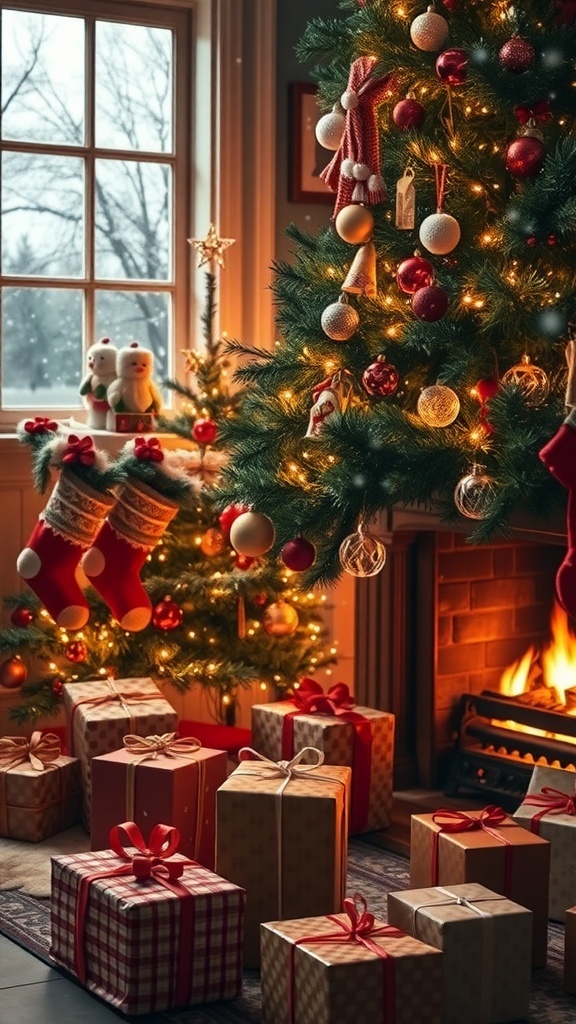 A warm and inviting Christmas scene with a decorated tree, gifts, and a fireplace.